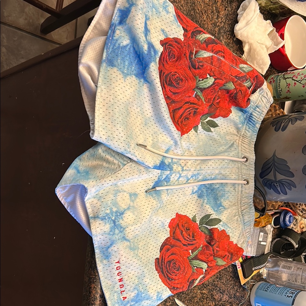 Tie-Dye White & Blue Shorts with Red Rose Print